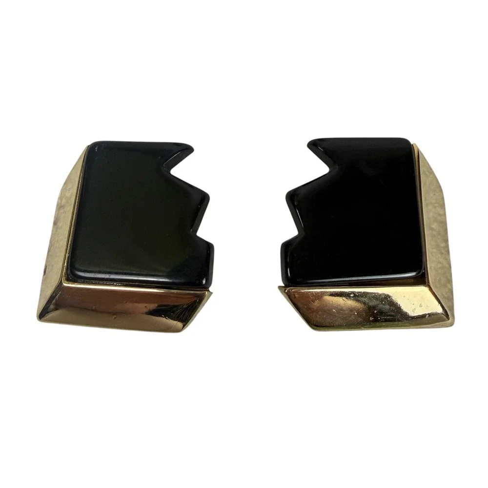 Vintage Geometric Gold Tone Black Resin Clip On Earrings Modernist 80s Statement